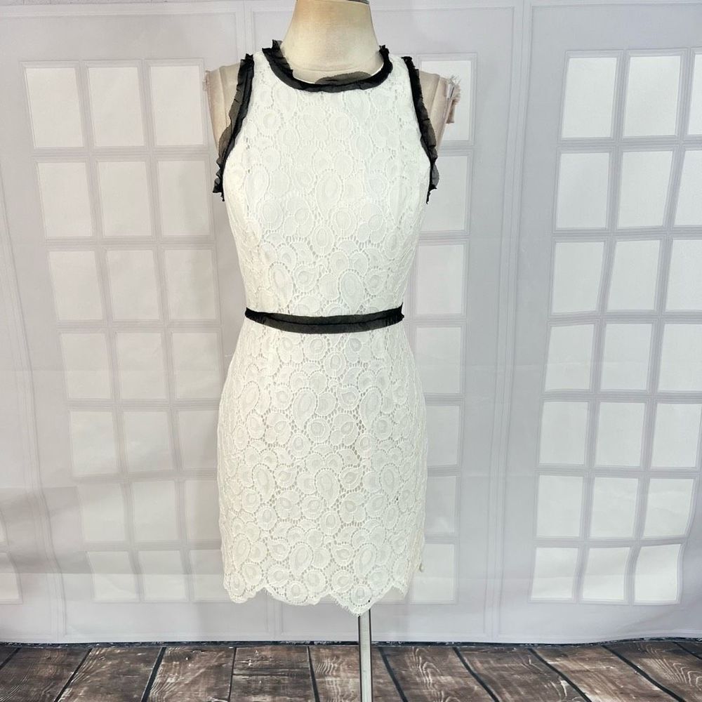 Milly Women's White Lace Sleeveless Black Frill Trim Sheath Mini Dress Size 6